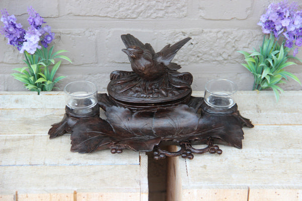 Antique German black forest wood carved bird inkwell desk