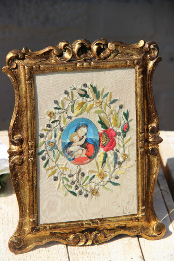 Antique  French Embroidery framed portrait madonna child