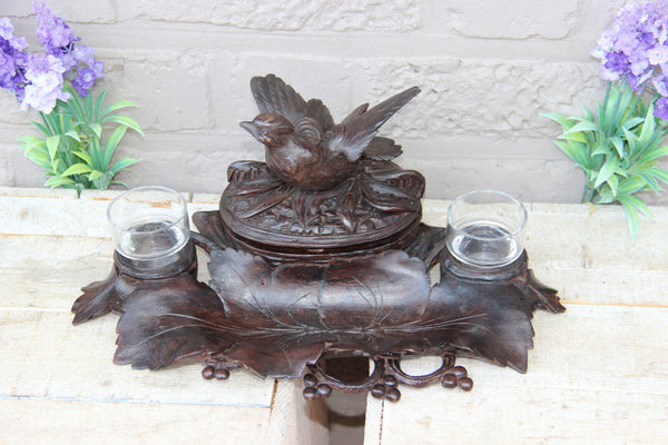 Antique German black forest wood carved bird inkwell desk