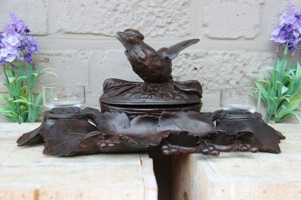 Antique German black forest wood carved bird inkwell desk