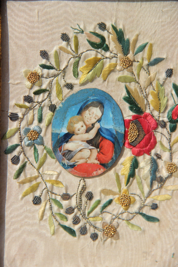 Antique  French Embroidery framed portrait madonna child