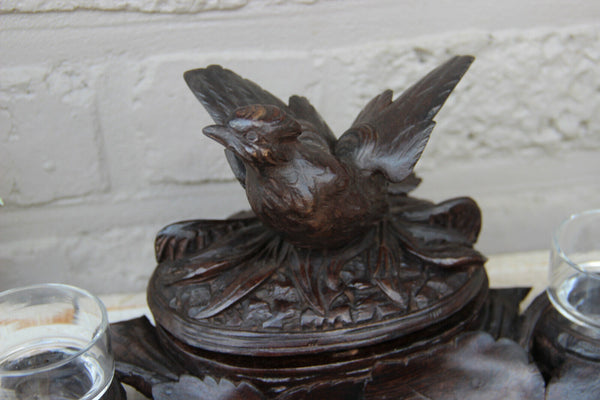 Antique German black forest wood carved bird inkwell desk