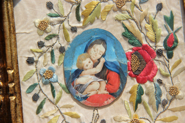 Antique  French Embroidery framed portrait madonna child