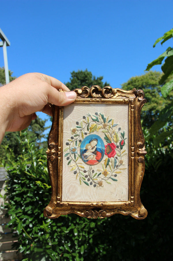 Antique  French Embroidery framed portrait madonna child