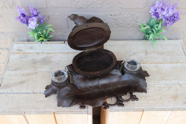 Antique German black forest wood carved bird inkwell desk