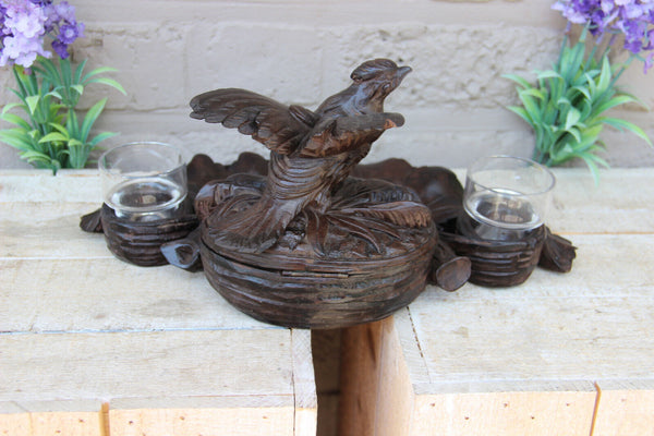 Antique German black forest wood carved bird inkwell desk