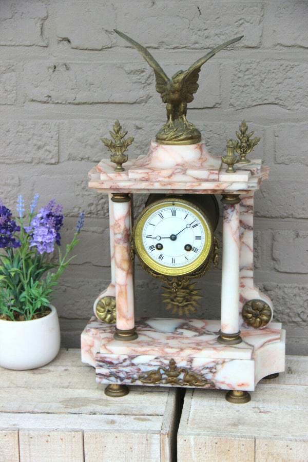 Antique parisian Marble Bronze eagle column mantel clock