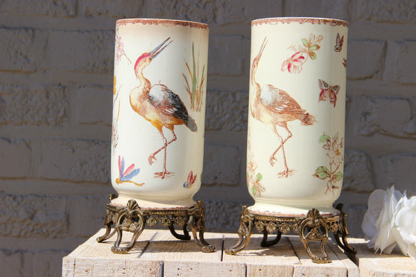 PAIR antique French faience Vases heron butterfly birds Brass base