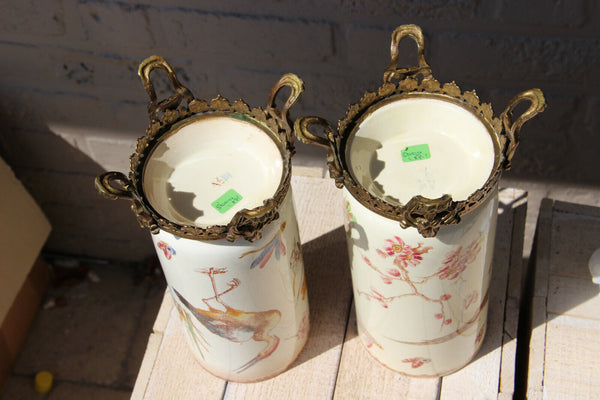 PAIR antique French faience Vases heron butterfly birds Brass base