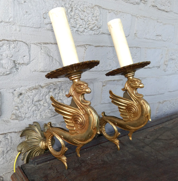 PAIR vintage brass dragon wall lights sconces 1960