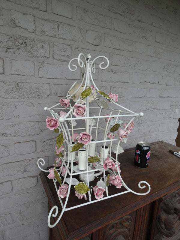 Vintage italian 70s metal porcelain flowers cage chandelier lamp