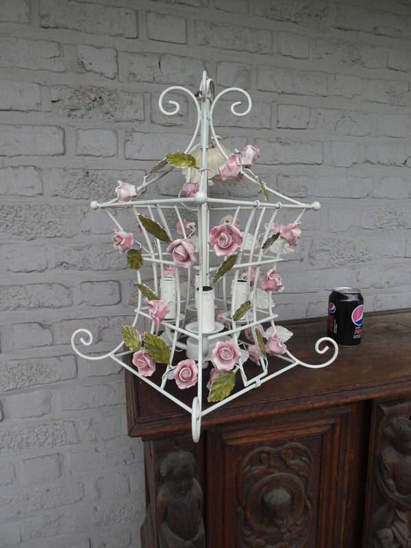 Vintage italian 70s metal porcelain flowers cage chandelier lamp
