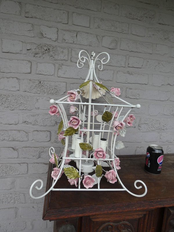 Vintage italian 70s metal porcelain flowers cage chandelier lamp