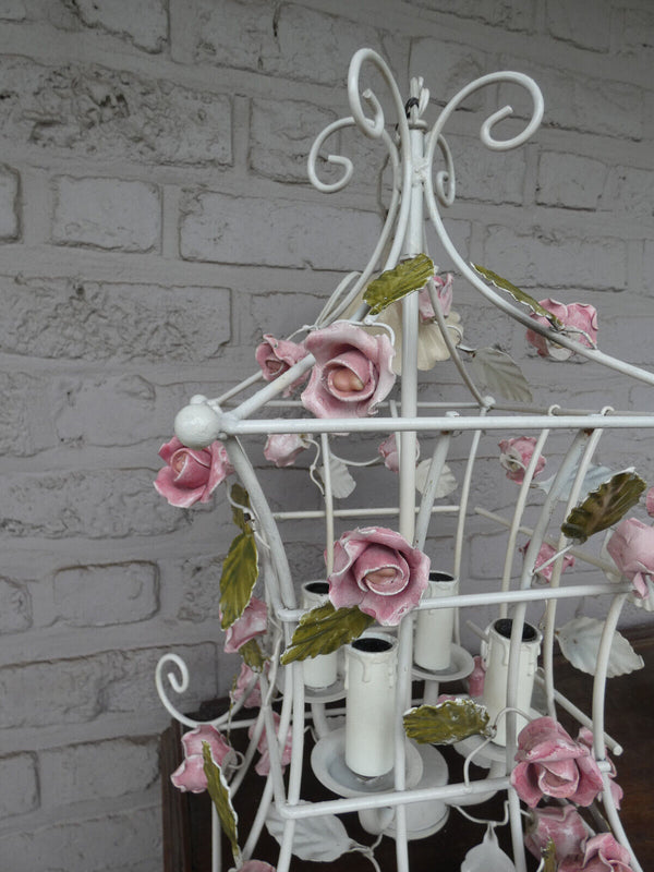 Vintage italian 70s metal porcelain flowers cage chandelier lamp