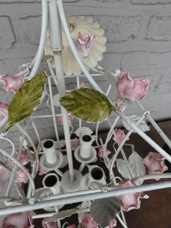 Vintage italian 70s metal porcelain flowers cage chandelier lamp