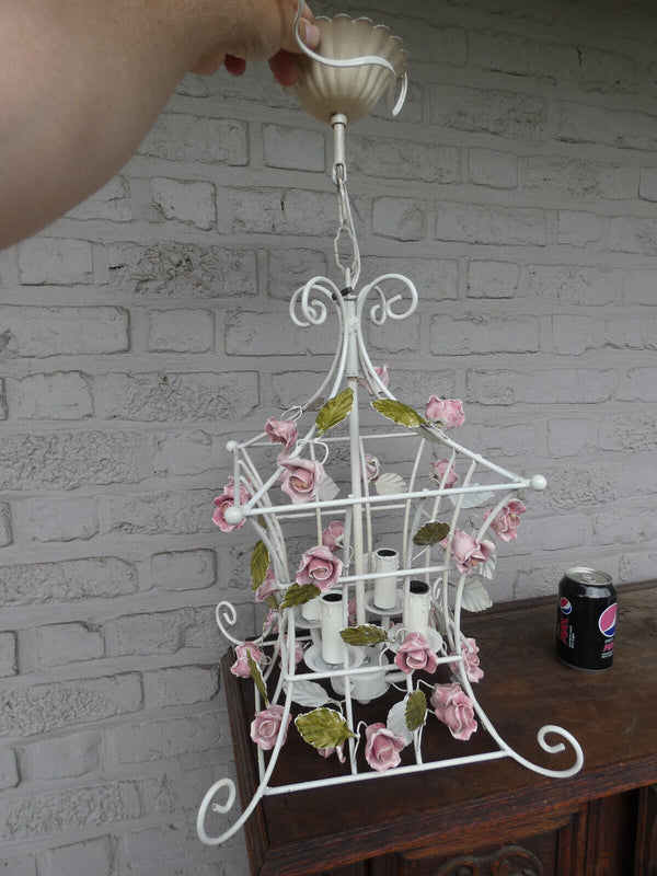 Vintage italian 70s metal porcelain flowers cage chandelier lamp