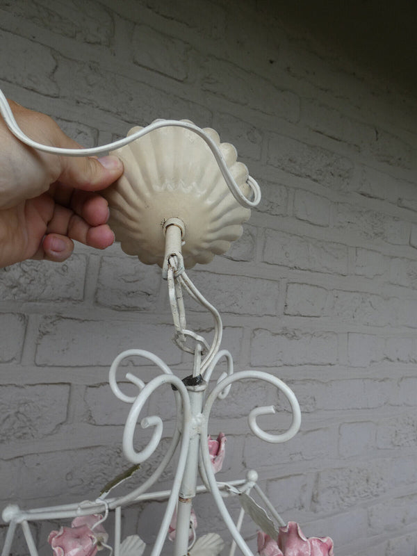 Vintage italian 70s metal porcelain flowers cage chandelier lamp