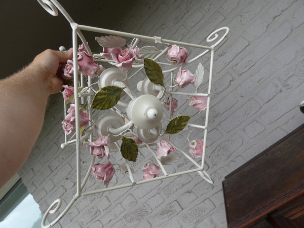 Vintage italian 70s metal porcelain flowers cage chandelier lamp
