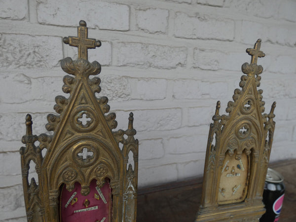 PAIR neo gothic 19thc copper niche chapel relic holders 10 saints religious wax