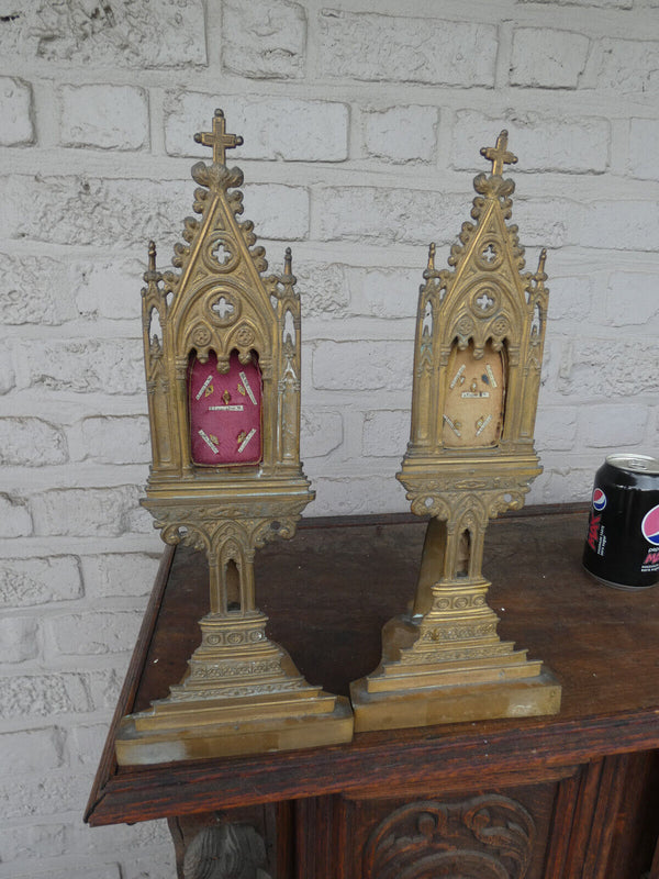 PAIR neo gothic 19thc copper niche chapel relic holders 10 saints religious wax