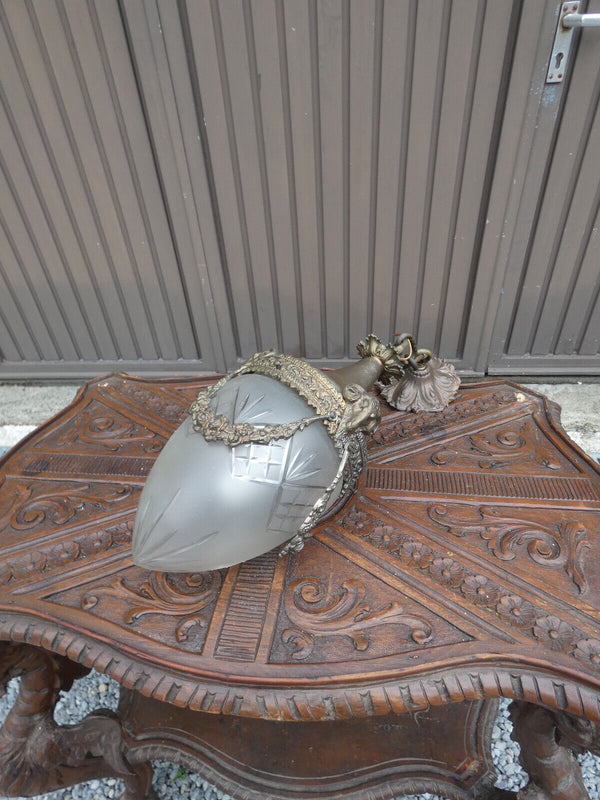 French Brass ram head val saint lambert crystal globe glass Lantern chandelier