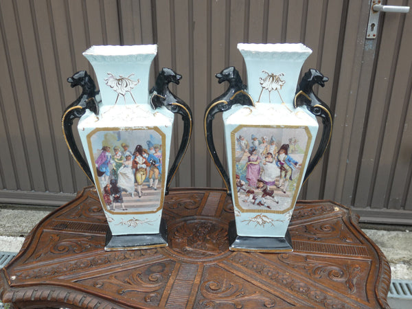 Antique PAIR old paris porcelain Dragon handles Vases