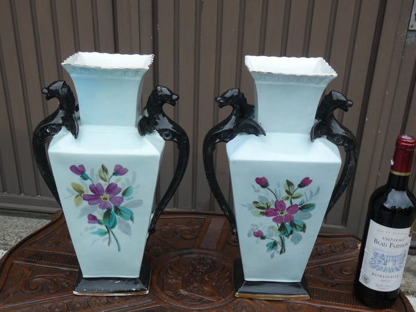 Antique PAIR old paris porcelain Dragon handles Vases