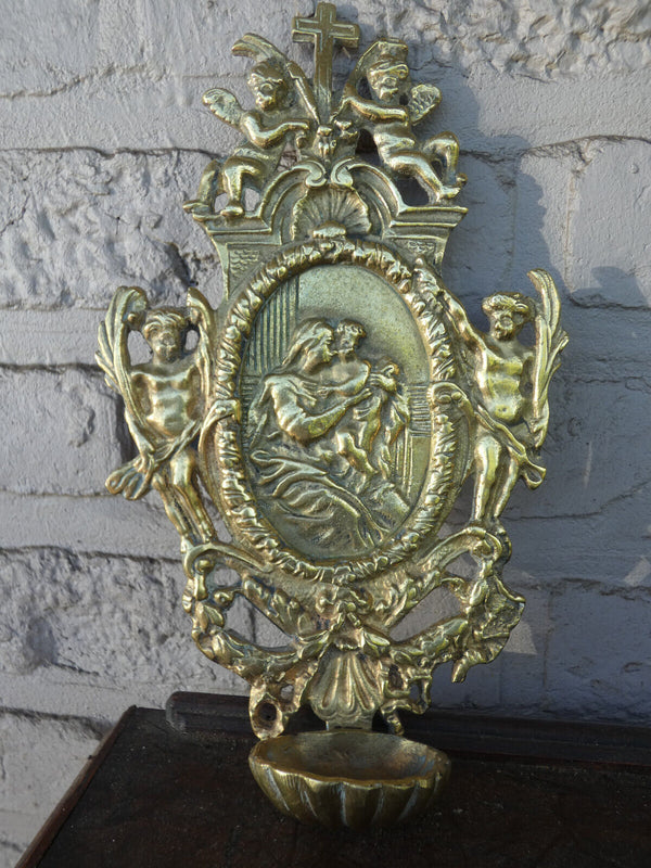 French bronze 50s religious holy water font putti angels madonna