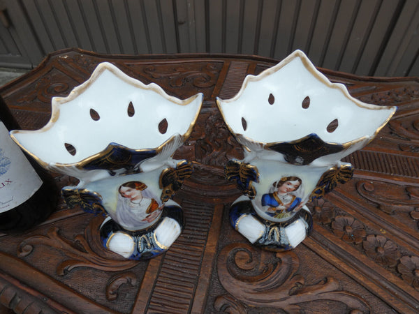 PAir antique small vieux paris porcelain portrait vases