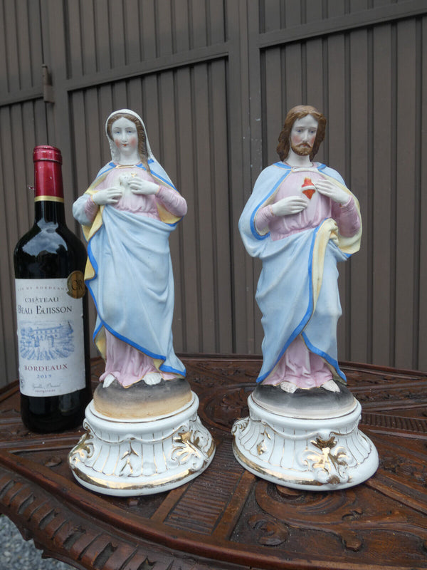 pair antique Vieux andenne bisque porcelain sacred mary jesus figurine statue