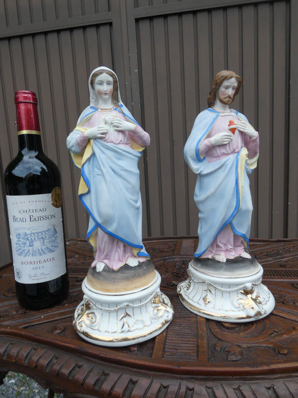 pair antique Vieux andenne bisque porcelain sacred mary jesus figurine statue