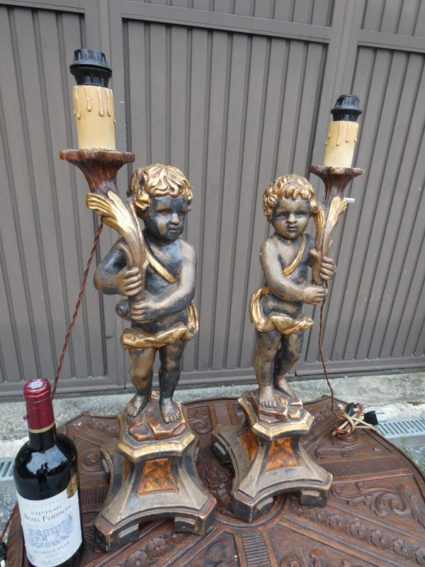 PAIR italian 50s Wood carved putti cherub table lamps rare