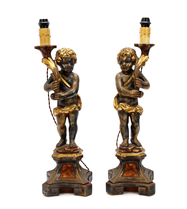 PAIR italian 50s Wood carved putti cherub table lamps rare