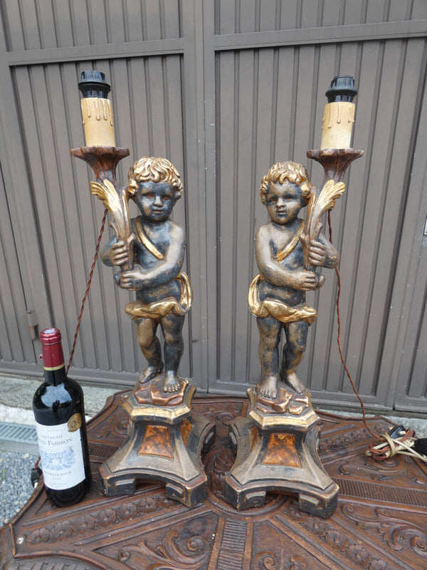 PAIR italian 50s Wood carved putti cherub table lamps rare