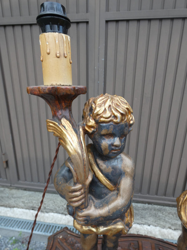 PAIR italian 50s Wood carved putti cherub table lamps rare