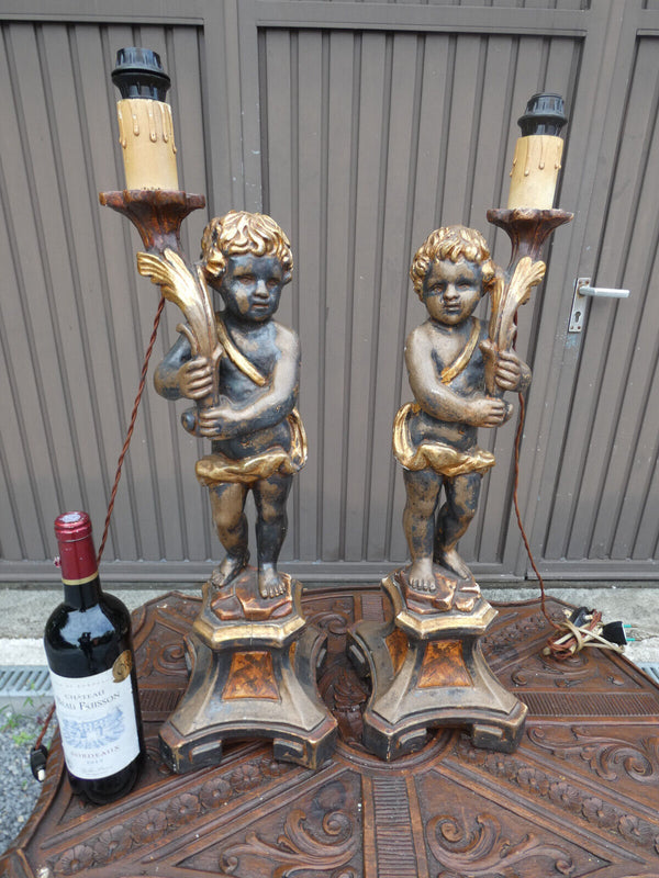 PAIR italian 50s Wood carved putti cherub table lamps rare