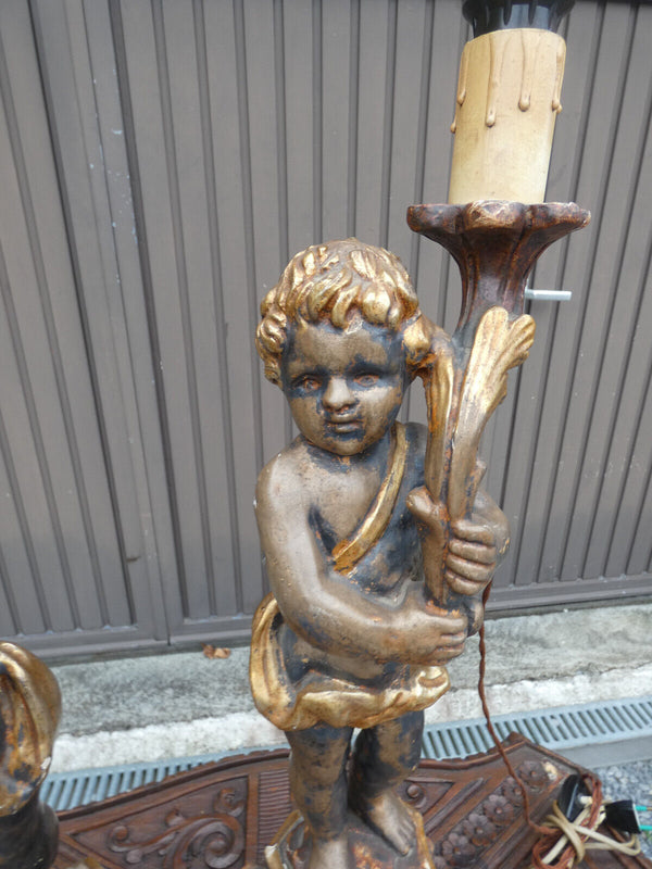 PAIR italian 50s Wood carved putti cherub table lamps rare