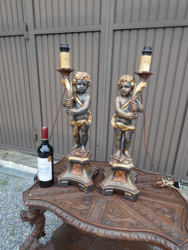 PAIR italian 50s Wood carved putti cherub table lamps rare