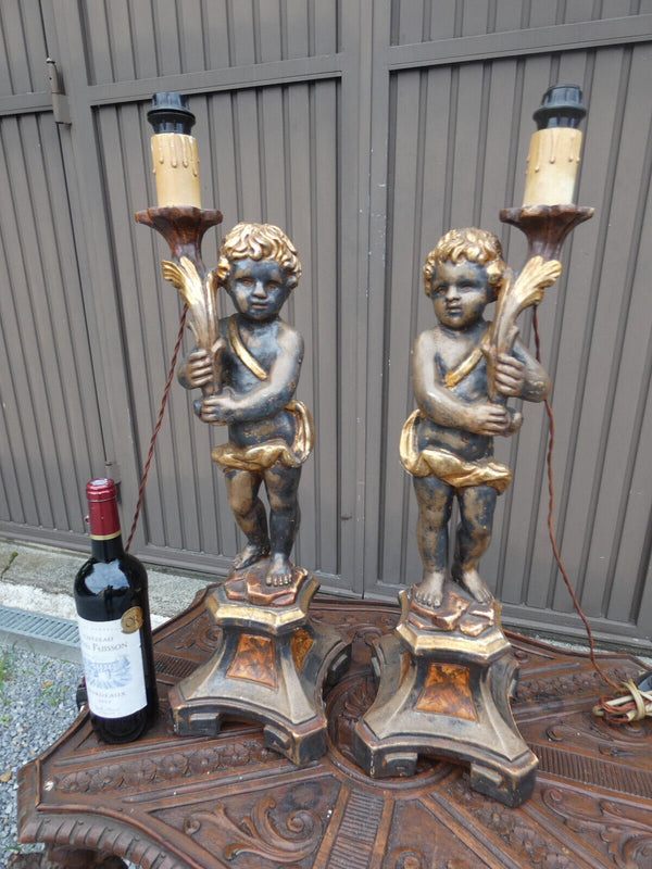 PAIR italian 50s Wood carved putti cherub table lamps rare