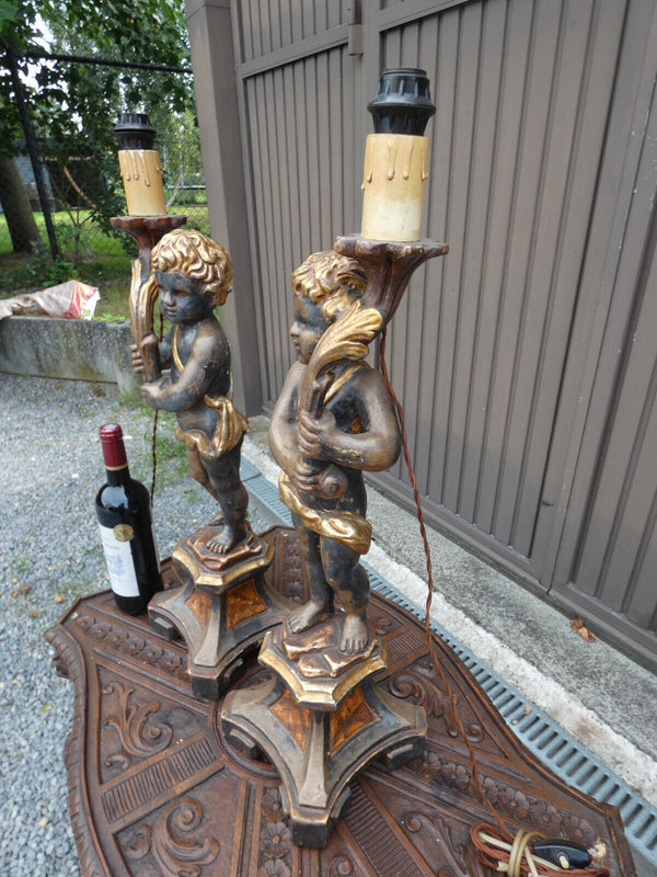 PAIR italian 50s Wood carved putti cherub table lamps rare