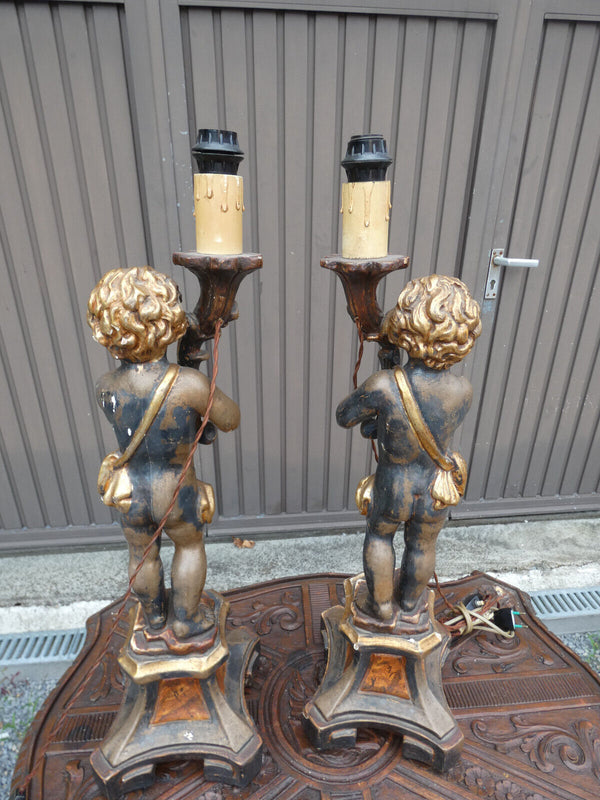 PAIR italian 50s Wood carved putti cherub table lamps rare