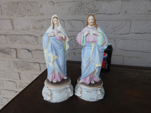 PAIR antique vieux andenne bisque porcelain sacred heart mary jesus statue