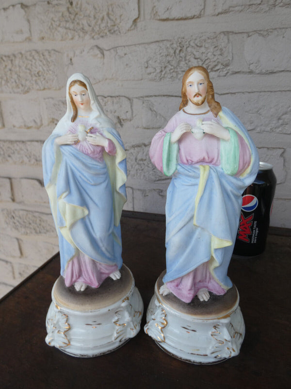 PAIR antique vieux andenne bisque porcelain sacred heart mary jesus statue