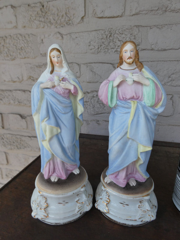 PAIR antique vieux andenne bisque porcelain sacred heart mary jesus statue