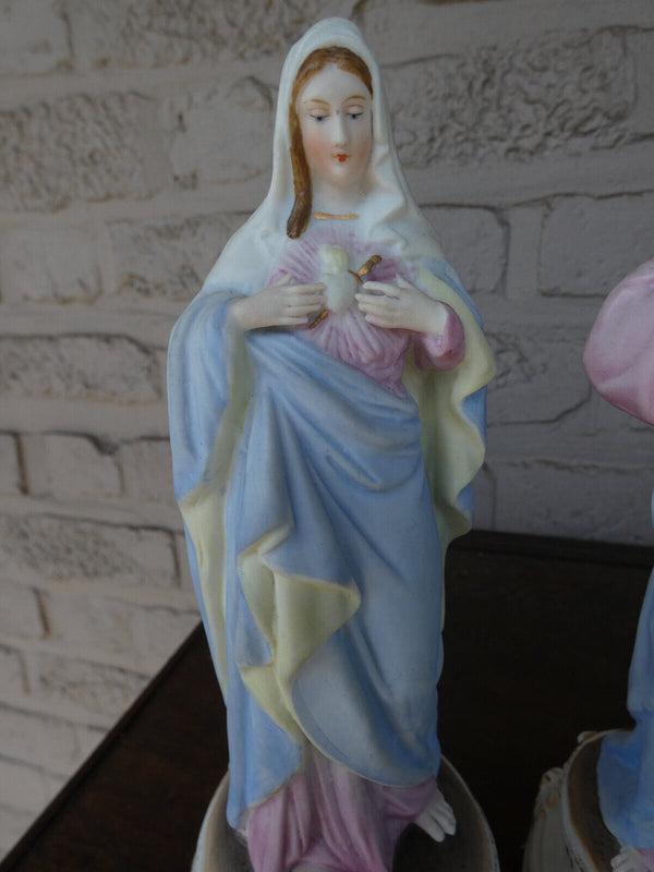 PAIR antique vieux andenne bisque porcelain sacred heart mary jesus statue