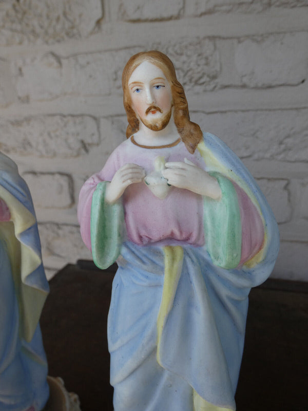 PAIR antique vieux andenne bisque porcelain sacred heart mary jesus statue