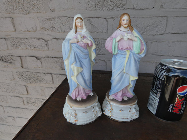 PAIR antique vieux andenne bisque porcelain sacred heart mary jesus statue