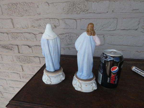 PAIR antique vieux andenne bisque porcelain sacred heart mary jesus statue