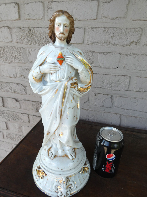 Antique large Vieux paris porcelain Sacred heart jesus statue figurine