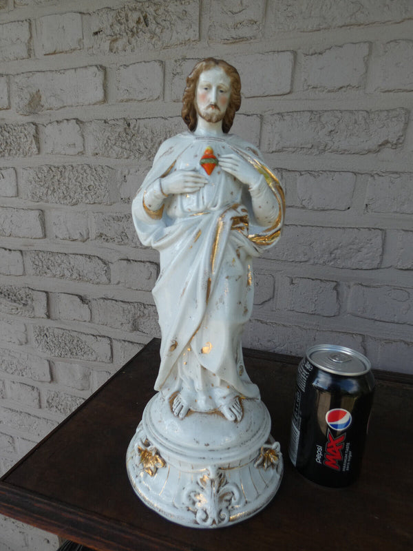 Antique large Vieux paris porcelain Sacred heart jesus statue figurine